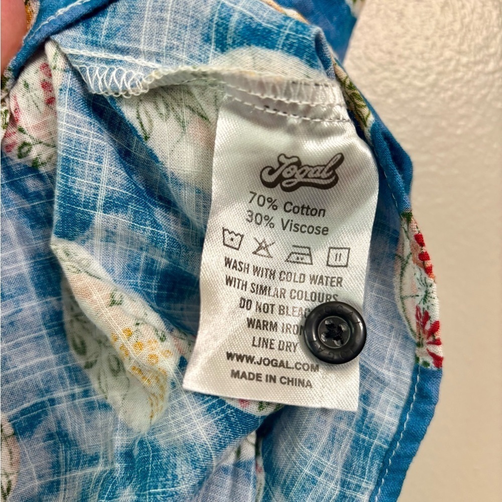 Jogal Hawaiian Floral Blue Shirt Button Up Cotton Blend Short Sleeve - Picture 5 of 6